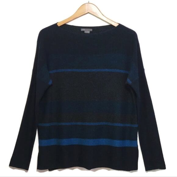 Vince Wool Cashmere Striped Boat Neck Long Sleeve Sweater Blue Gray Casual S - Picture 2 of 16